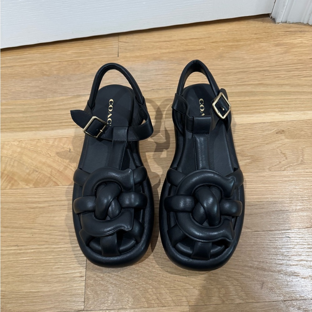 Coach Black Knotted Leather Sandal with Gold Buckle - Picture 2 of 5